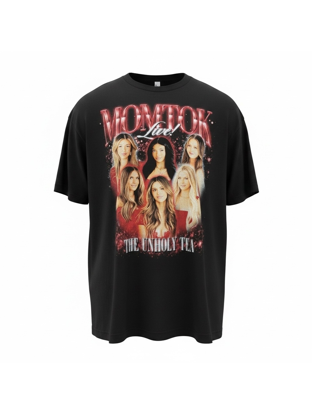 MOMTOK Live! The Unholy Tea Official Black Graphic T-Shirt, Oversized Fit